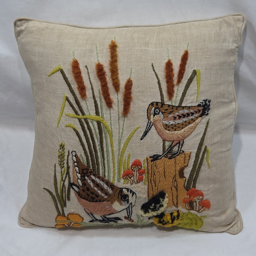 Vintage 70s Crewel Needlepoint 3D Pillow Embroidered Woodcock Bird 13x13 MCM